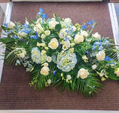 Blue Hydrangea and Rose Casket Spray