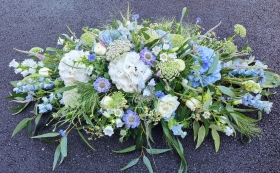 White and Blue hydrangea casket spray